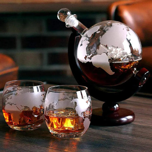 Creative Globe Whiskey Decanter Set with Exquisite Wood Stand